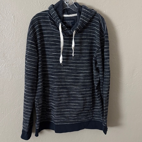 Mens American Eagle Sweater Blue Striped Pullover Hoodie XXL, Navy/White - Picture 1 of 8